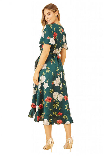 Green Satin Rose Print Wrap Dress Yumi